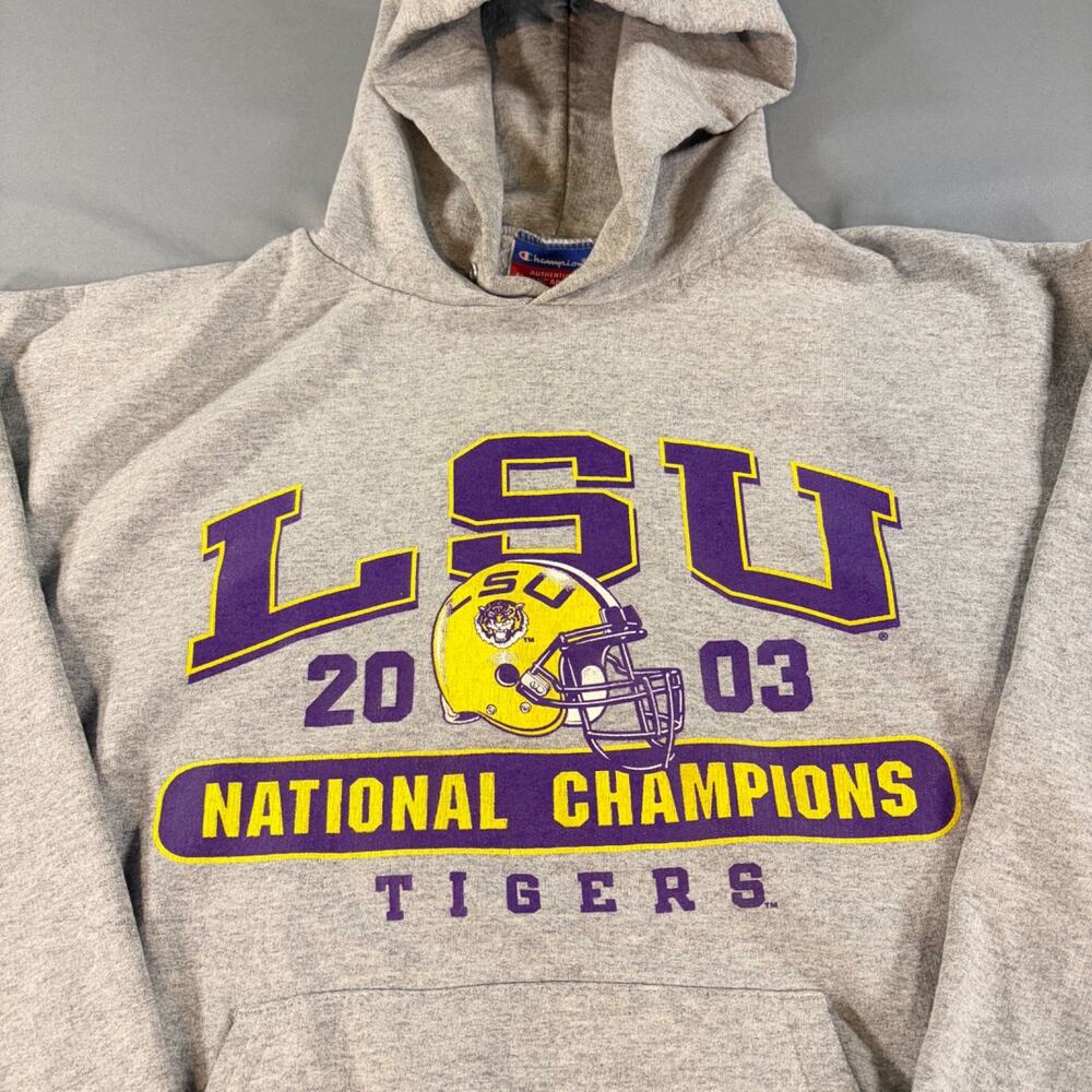 VINTAGE LSU Tigers Champion Hoodie Mens Medium Gray 2003 National Champions